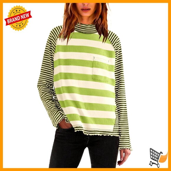 Tops - Long Sleeve Striped Turtleneck Tunic Top Loose Fit Polyester Blend